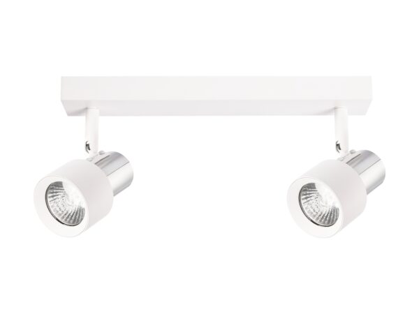Norotela sufitowa biała z chromem, dwa ruchome reflektory GU10 na białym tle