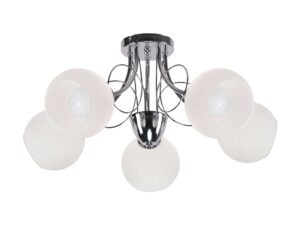 Miniaturka 2 - Lampa sufitowa Olasona chromowana z pięcioma białymi kloszami szklanymi, na białym tle