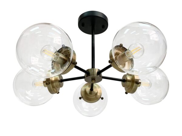 Lampa sufitowa Oratona z pięcioma przezroczystymi szklanymi kulami na białym tle
