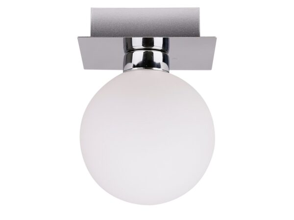 Lampa sufitowa Orevina z białym kulistym kloszem i chromowaną podstawą
