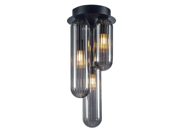 Czarna lampa sufitowa Orosena trzy szklane cylindry na białym tle