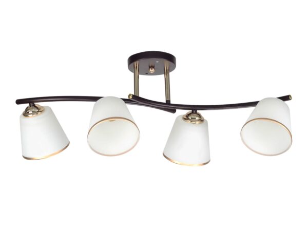 Lampa sufitowa Ralaveta z czterema białymi szklanymi kloszami i ciemnym złoconym stelażem