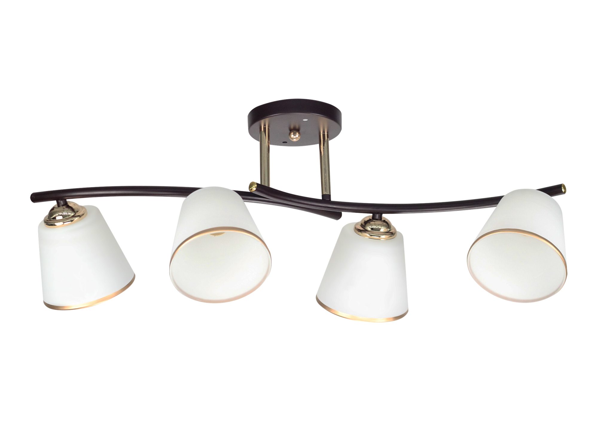Lampa sufitowa Ralaveta z czterema białymi szklanymi kloszami i ciemnym złoconym stelażem