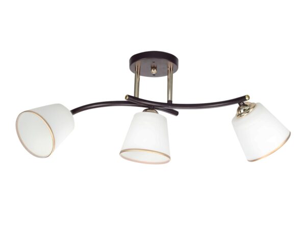 Lampa sufitowa Ralaveta trzy białe szklane klosze i ciemne ramiona ze złotymi detalami
