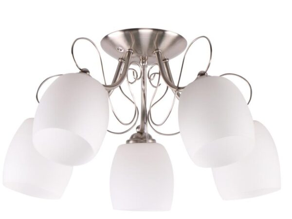 Lampa sufitowa Ralemena z pięcioma białymi szklanymi kloszami i chromem