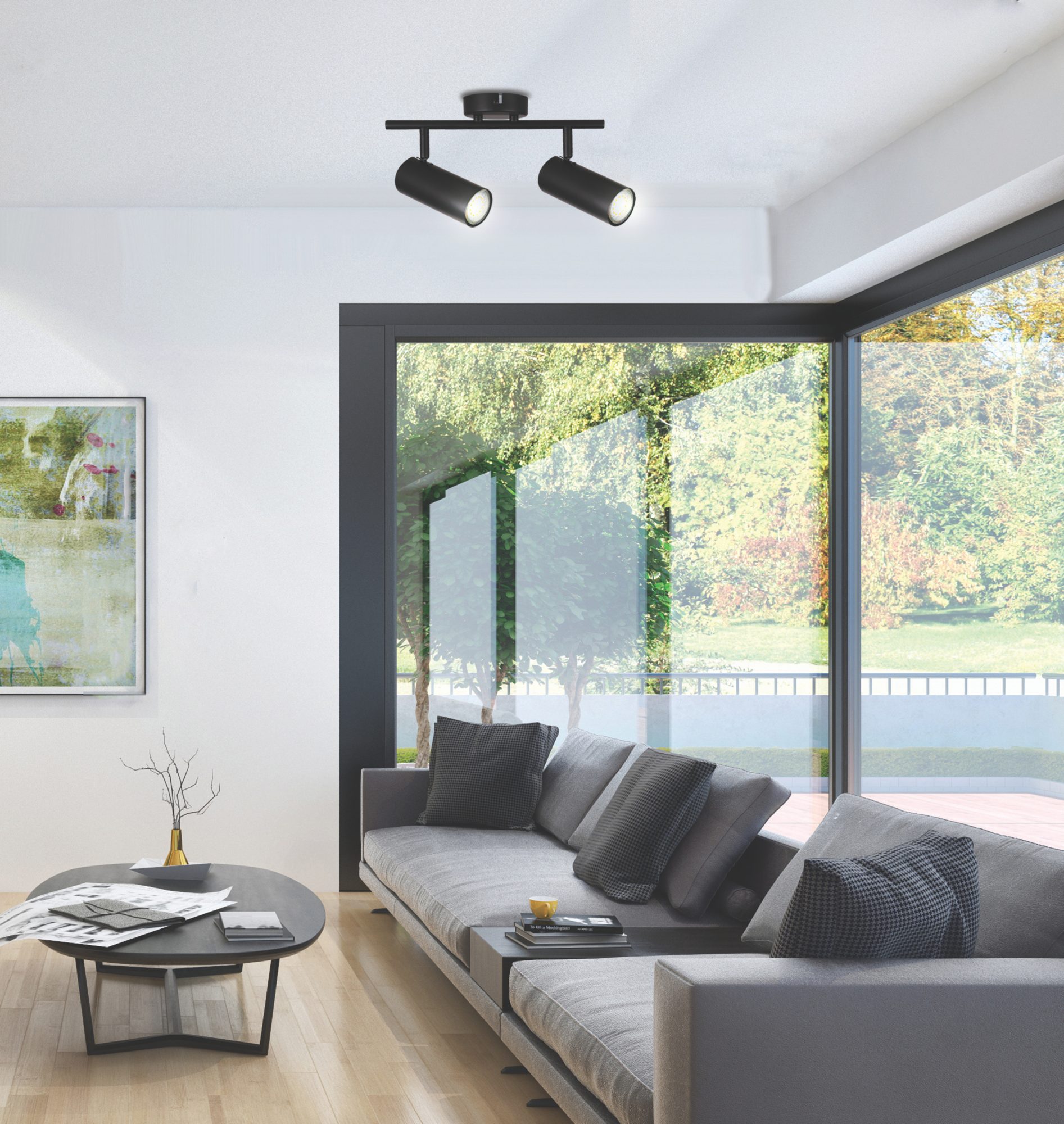 Czarna lampa sufitowa Ralosia obok dużego okna w pokoju