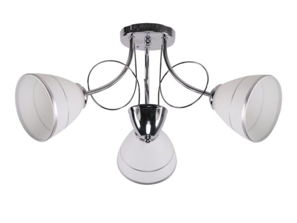 Lampa sufitowa Revimia z trzema białymi szklanymi kloszami i chromowanym stelażem