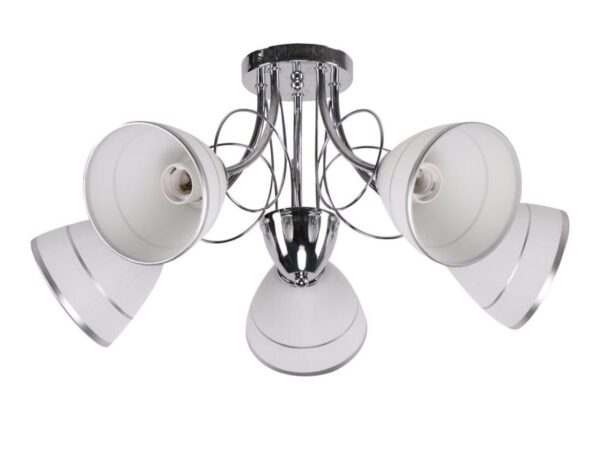 Lampa sufitowa Revimia pięć białych kloszy i chromowane ramiona