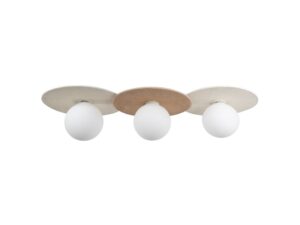 Miniaturka 5 - Podłużna lampa sufitowa Revimira 3×E14 80 cm, trzy dyski jutowe i trzy opalowe kule na białym tle