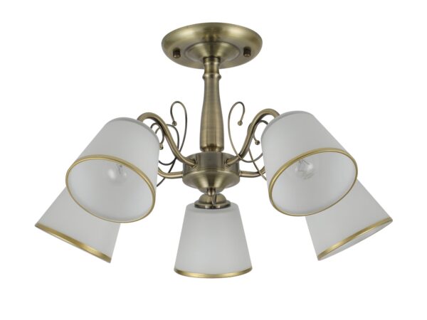 Pięciopunktowa lampa sufitowa Salema patyna z białymi szklanymi kloszami