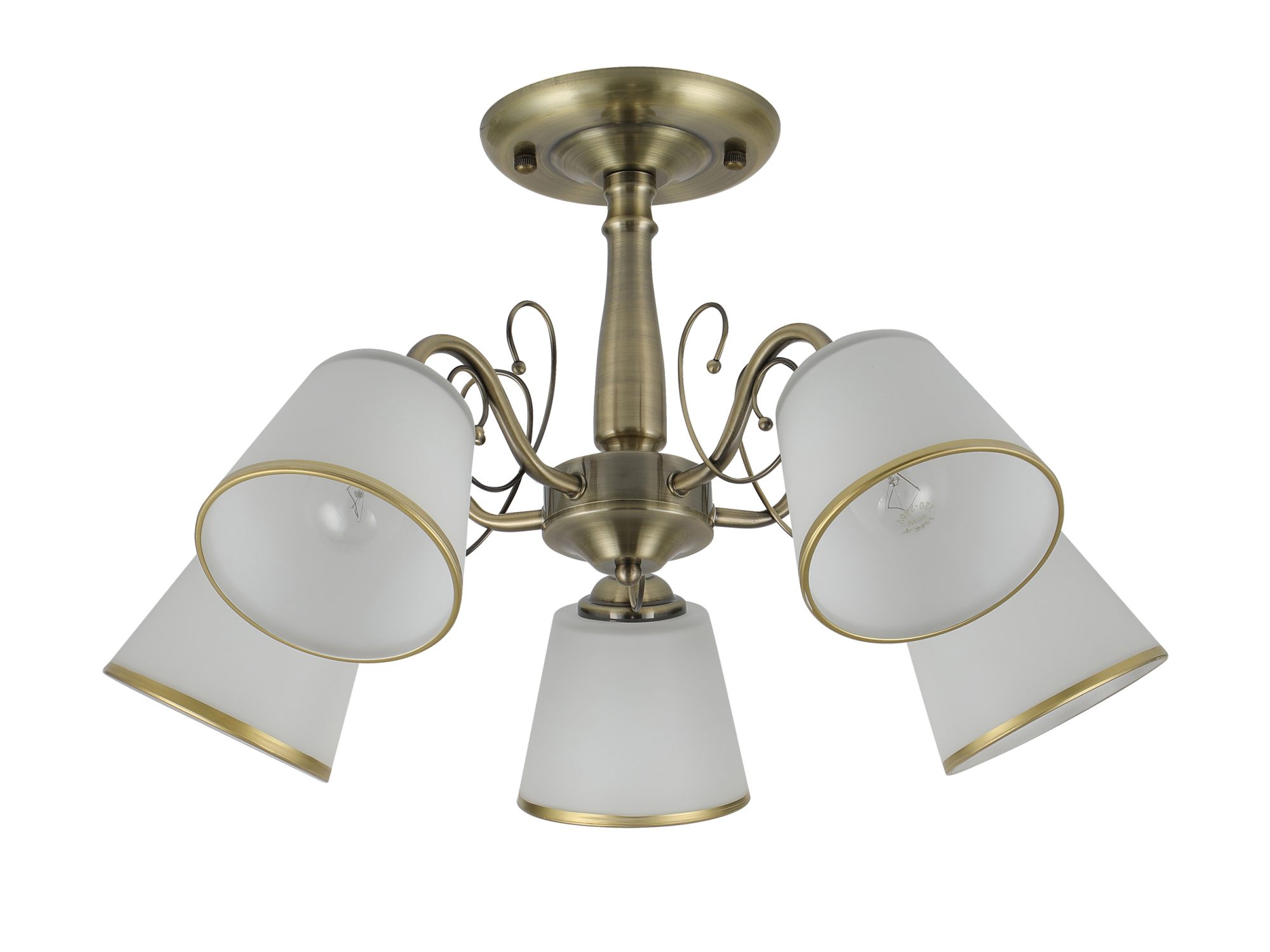 Pięciopunktowa lampa sufitowa Salema patyna z białymi szklanymi kloszami