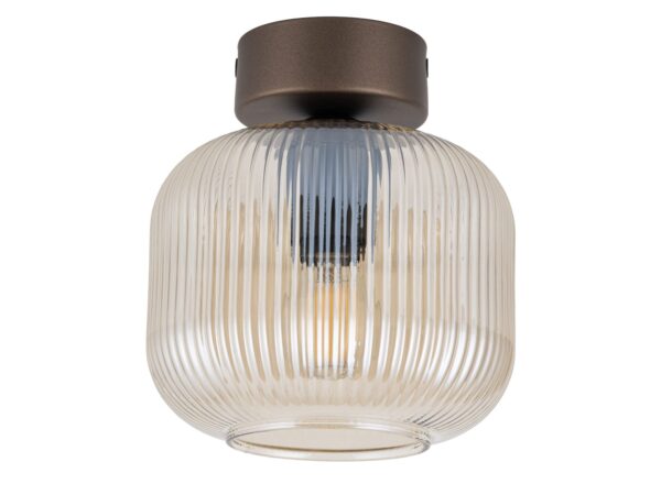 Lampa sufitowa Salvia 1-punktowa brązowa z bursztynowym ryflowanym szklanym kloszem na białym tle
