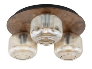 Miniaturka 2 - Lampa sufitowa Salvia 3-punktowa brązowa z trzema ryflowanymi szklanymi kloszami i drewnianą płytą na białym tle
