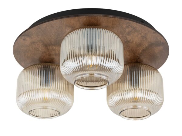 Lampa sufitowa Salvia 3-punktowa brązowa z trzema ryflowanymi szklanymi kloszami i drewnianą płytą na białym tle