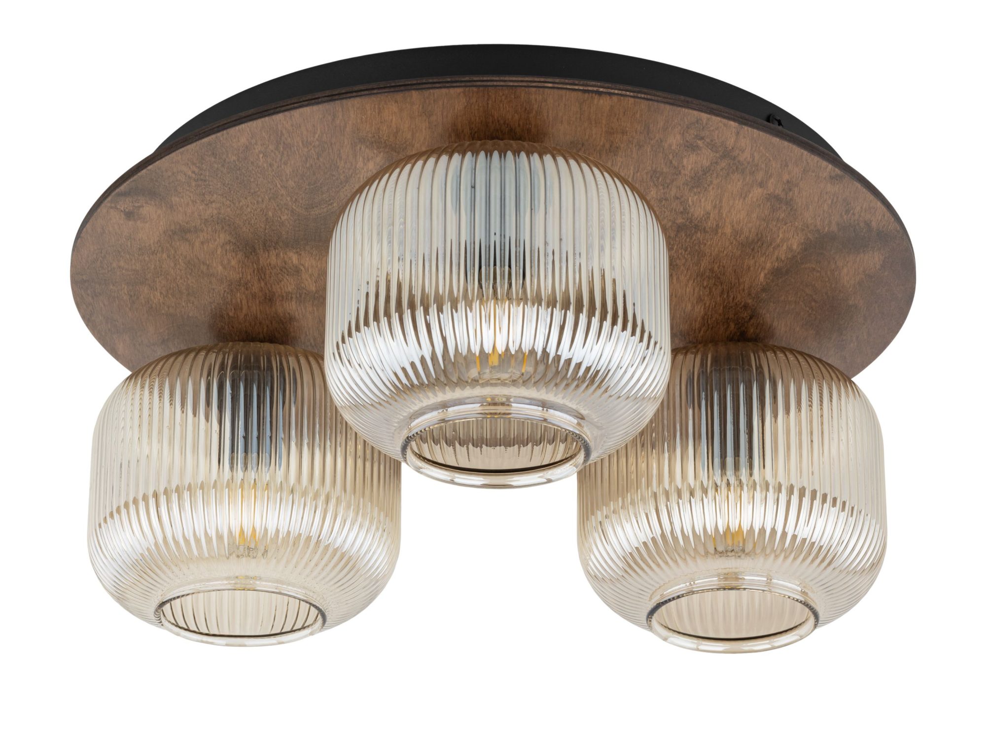 Lampa sufitowa Salvia 3-punktowa brązowa z trzema szklanymi bursztynowymi kloszami i drewnianą podstawą