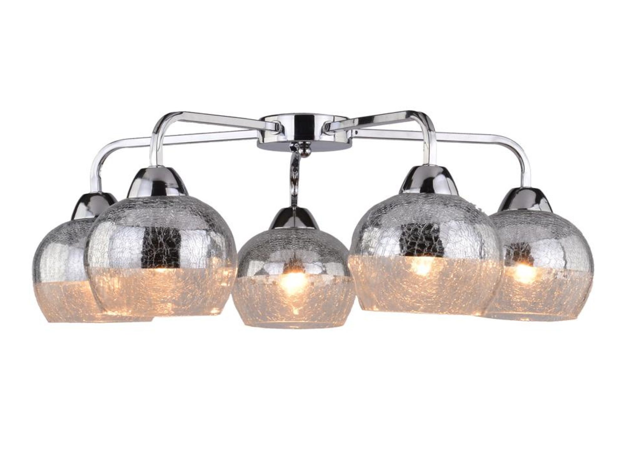 Lampa sufitowa Saretia pięciopunktowa z chromowaną podstawą i szklanymi kloszami na białym tle