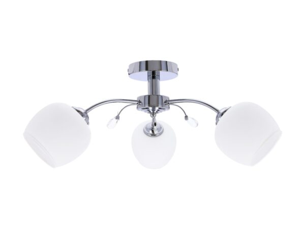 Lampa sufitowa Saromora chromowana z trzema białymi szklanymi kloszami