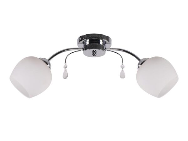 Dwupunktowa lampa sufitowa Savoleta z chromowanymi ramionami i białymi szklanymi kloszami