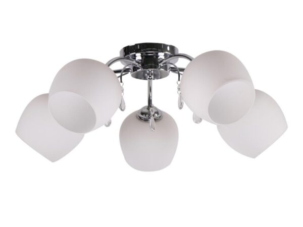 Lampa sufitowa Savoleta z pięcioma białymi szklanymi kloszami i chromowaną podstawą