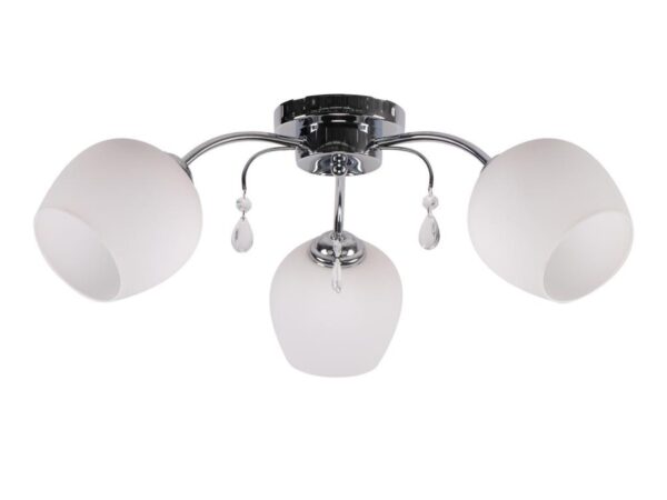 Lampa sufitowa Savoleta z trzema białymi szklanymi kloszami i chromowaną konstrukcją