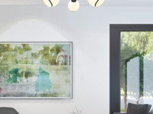 Miniaturka 1 - Lampa sufitowa Seloro z trzema świecącymi białymi kloszami w salonie