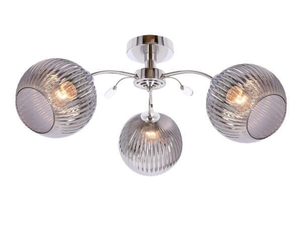 Lampa sufitowa Silono z chromowaną konstrukcją i trzema prążkowanymi grafitowymi kloszami szklanymi
