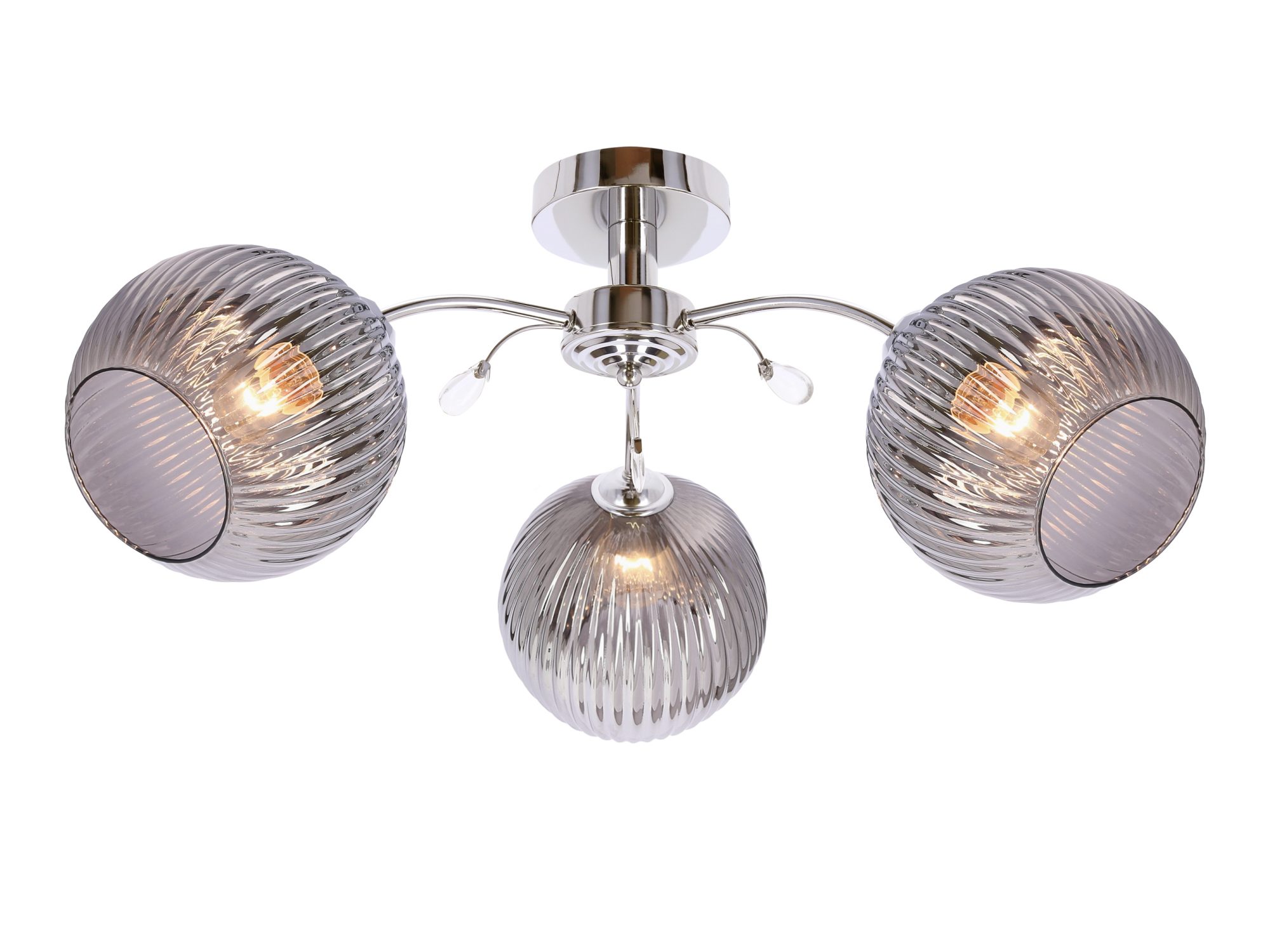 Lampa sufitowa Silono z chromowaną konstrukcją i trzema prążkowanymi grafitowymi kloszami szklanymi