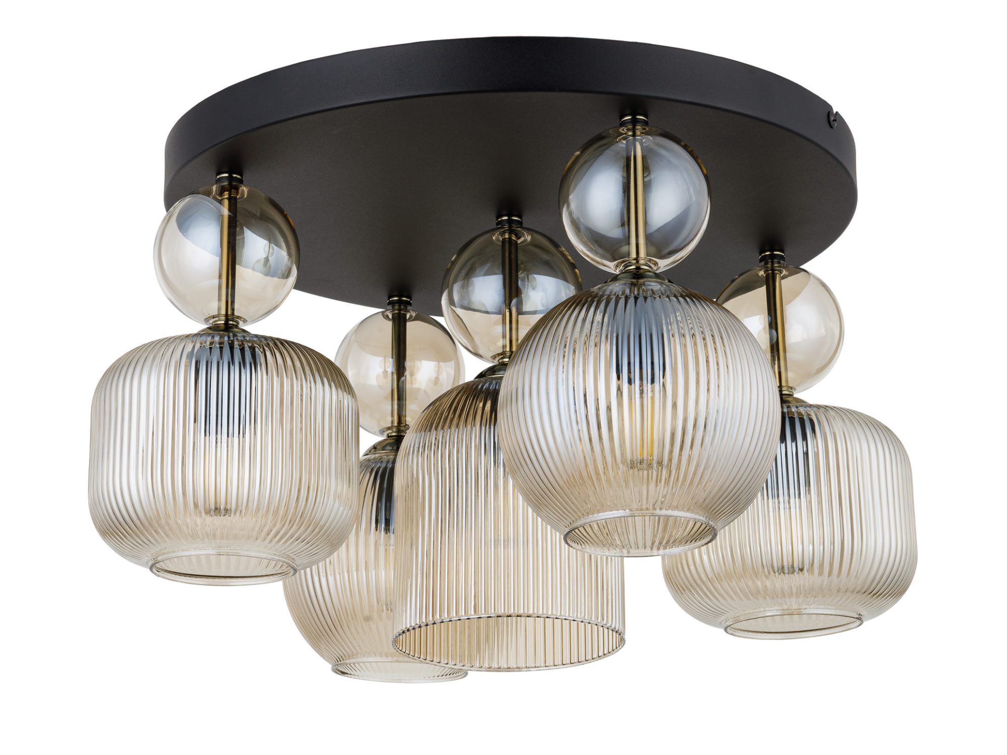 Lampa sufitowa Sophia 5-punktowa z koniakowymi kloszami na białym tle