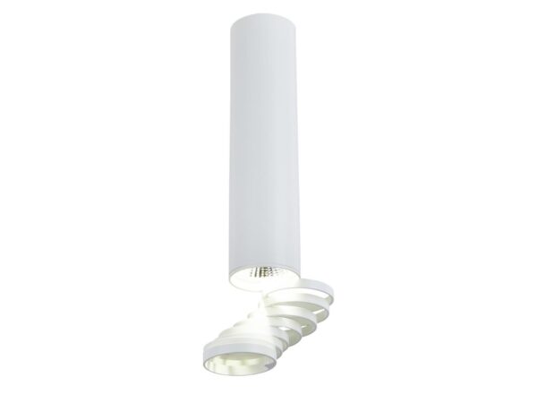 Biała cylindryczna lampa sufitowa GU10 o wysokości 30 cm z ruchomą spiralną końcówką