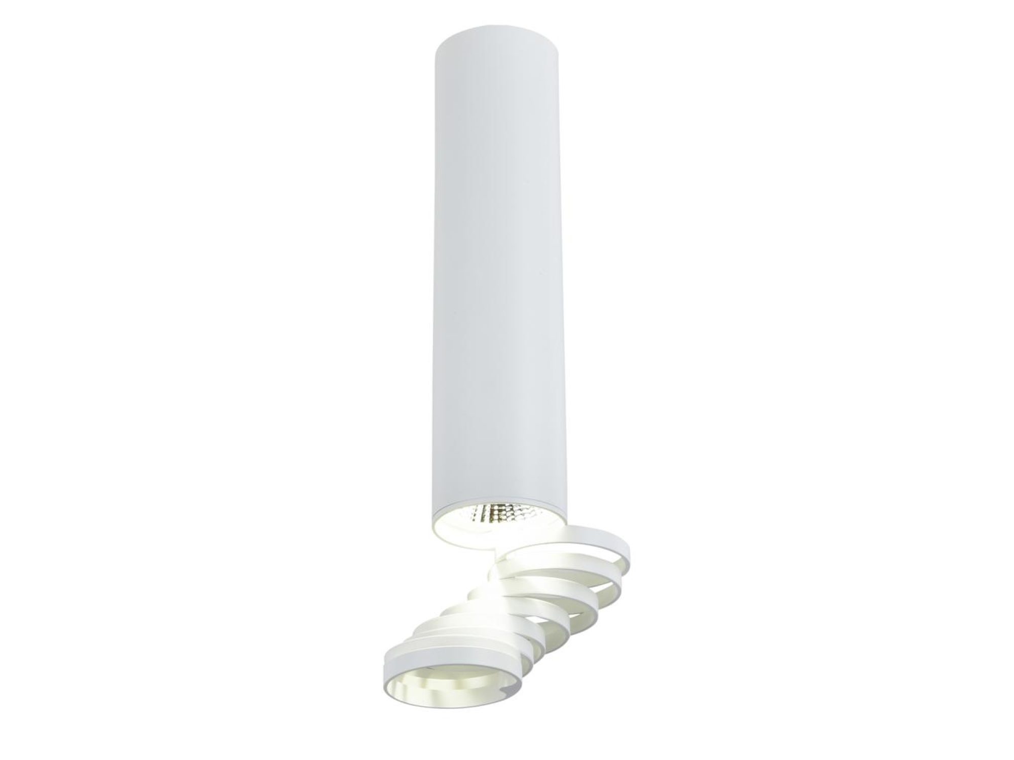 Biała cylindryczna lampa sufitowa GU10 o wysokości 30 cm z ruchomą spiralną końcówką