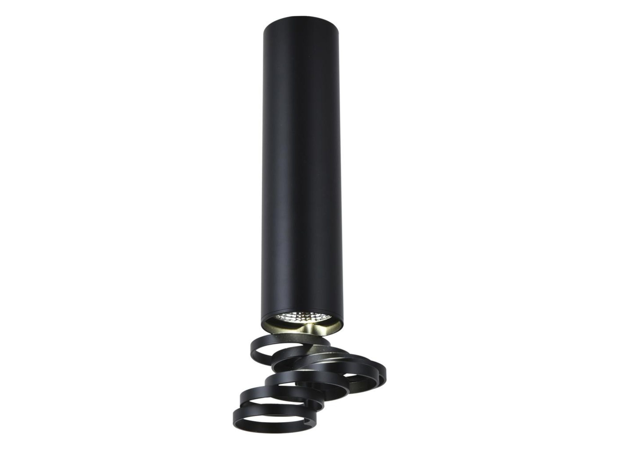 Czarna cylindryczna lampa sufitowa GU10 o wysokości 30 cm z ruchomą spiralną końcówką
