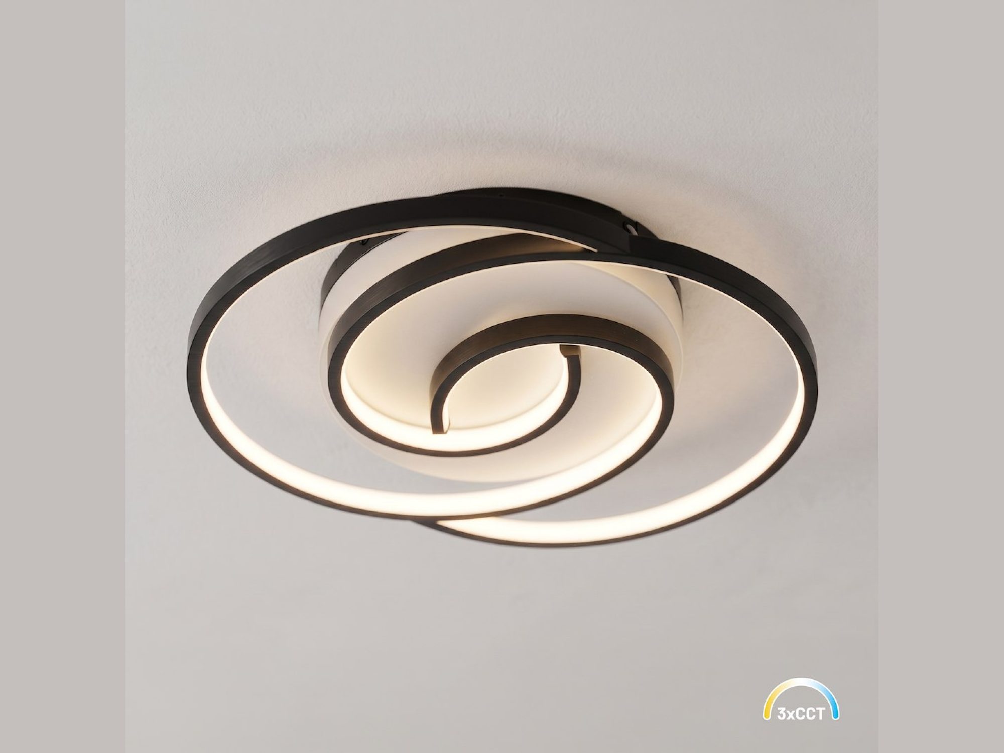 Lampa sufitowa spiralna LED 30 W CCT czarno-biała na białym tle