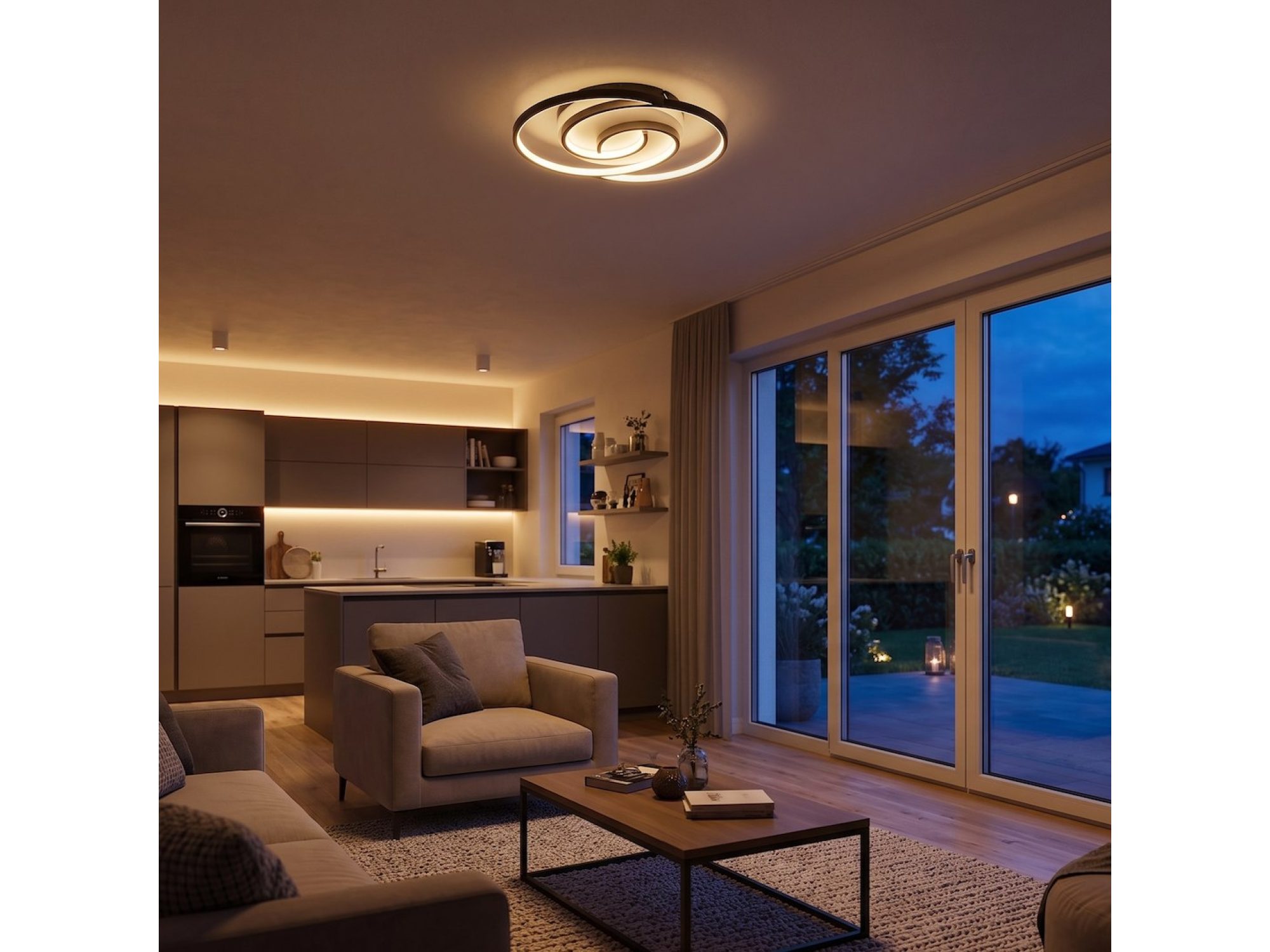 Lampa sufitowa LED 30 W o spiralnym kształcie zamontowana pod sufitem