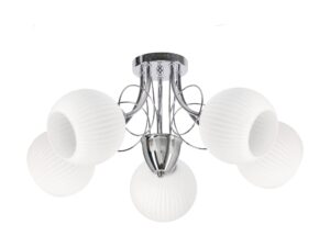 Miniaturka 2 - Lampa sufitowa Teremia z chromowanym stelażem i pięcioma białymi żłobionymi kloszami