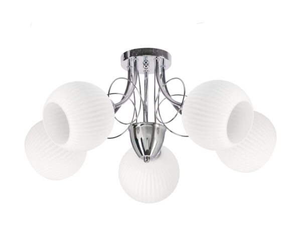Lampa sufitowa Teremia z chromowanym stelażem i pięcioma białymi żłobionymi kloszami