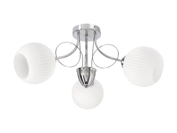 Lampa sufitowa Teremia chromowana z trzema białymi ryflowanymi kloszami