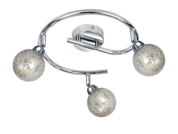 Lampa sufitowa Teriva chrom ze spiralną belką i trzema mieniącymi się kulistymi kloszami