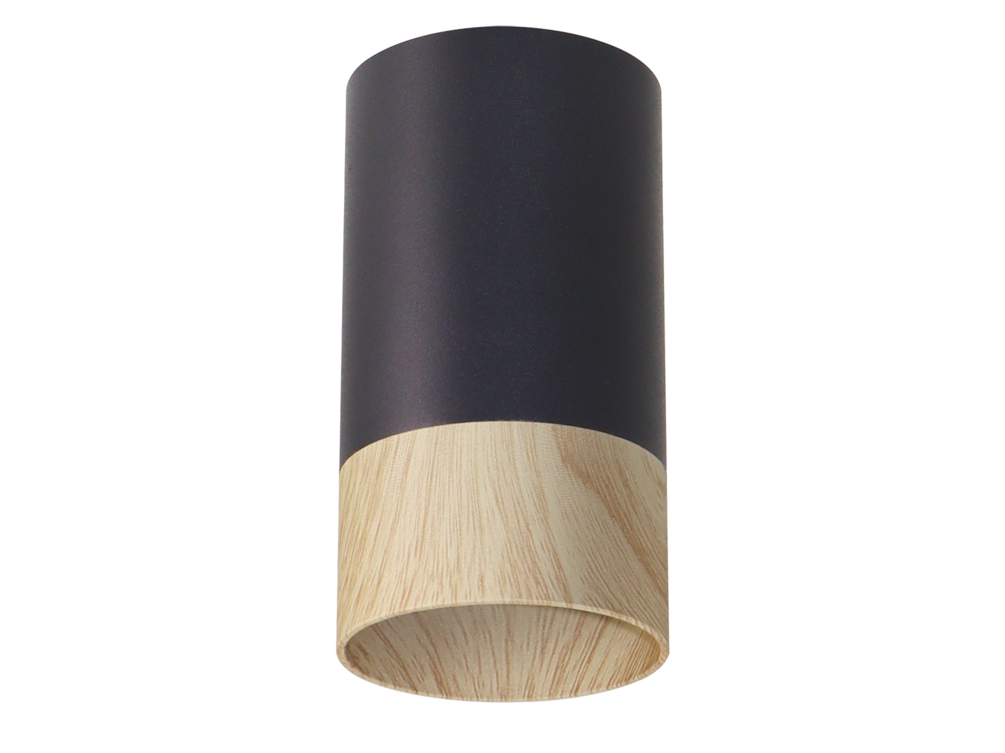 Czarna lampa sufitowa tuba Zelasa z drewnianym akcentem na białym tle