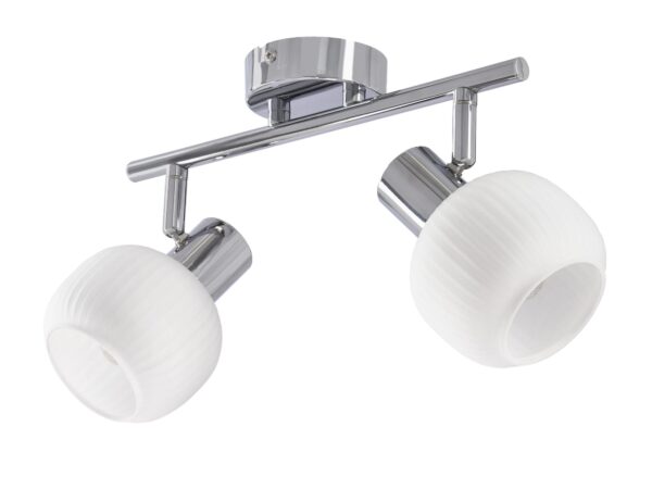 Srebrna lampa sufitowa Venerano z dwoma białymi ryflowanymi szklanymi kloszami