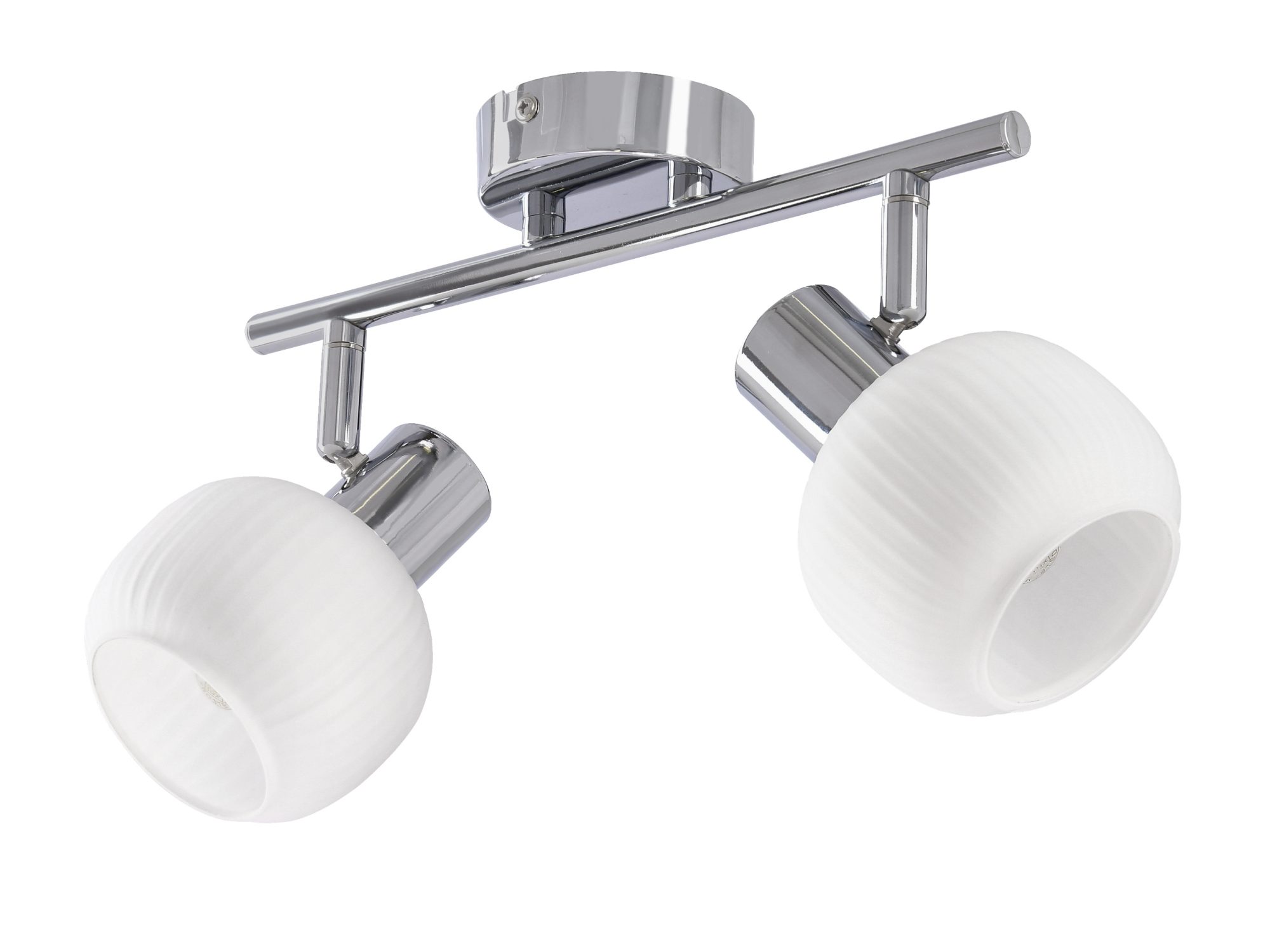 Srebrna lampa sufitowa Venerano z dwoma ryflowanymi białymi szklanymi kloszami