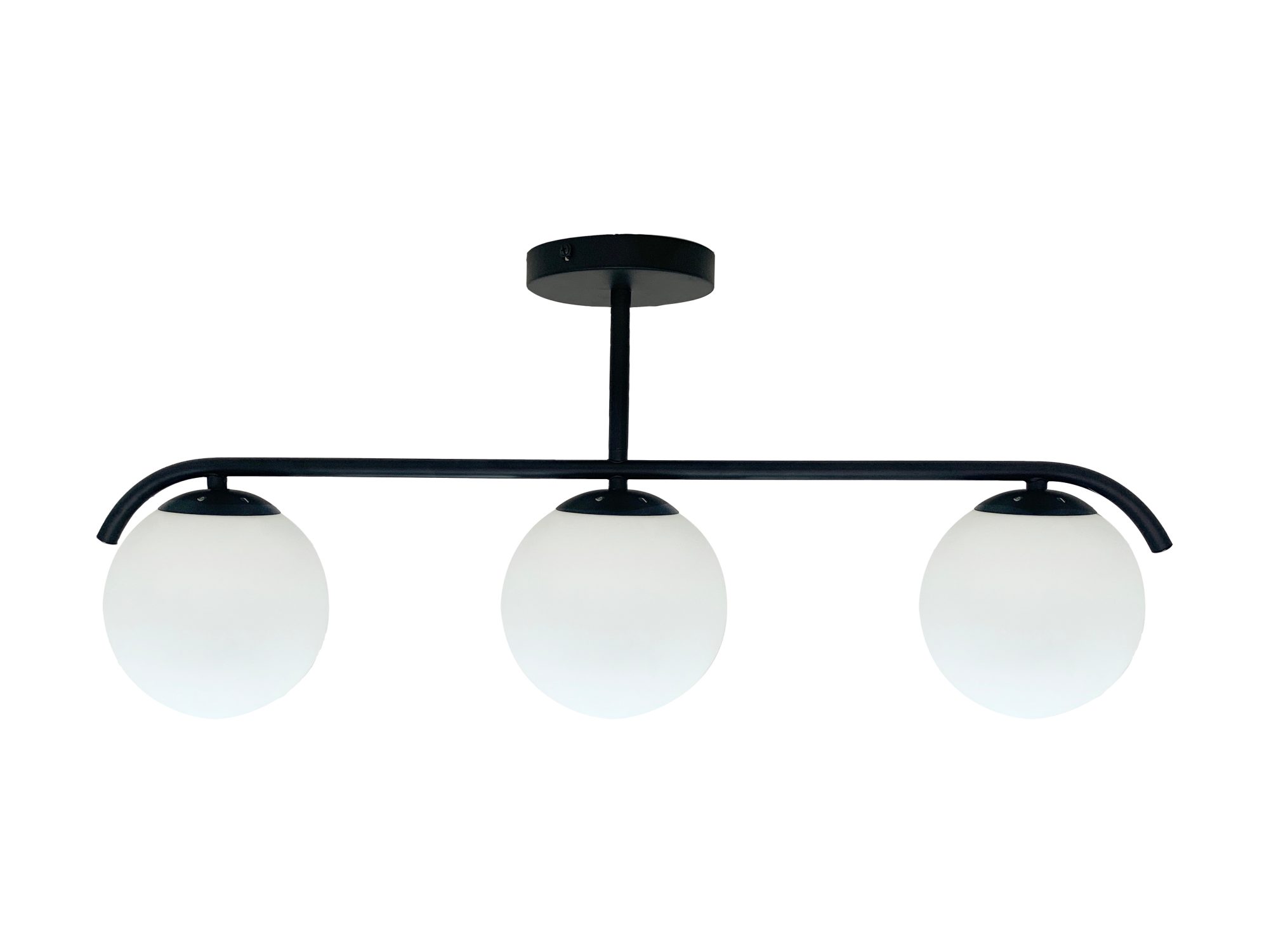 Czarna lampa sufitowa Venimora z trzema białymi kloszami na białym tle