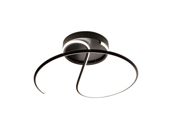 Czarna lampa sufitowa Vesito LED, spiralna obręcz i okrągła podstawa, cała oprawa na białym tle