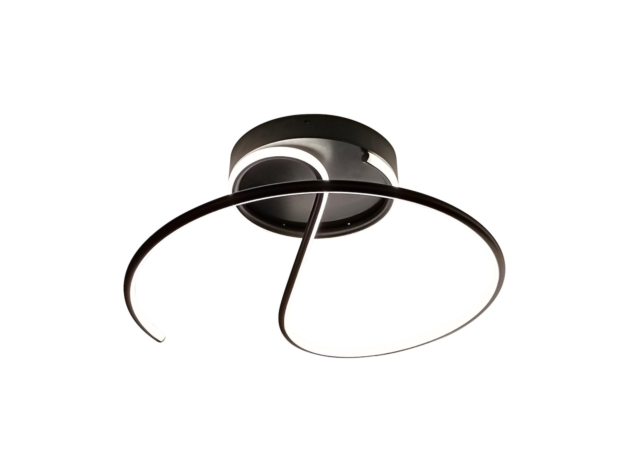 Czarna lampa sufitowa Vesito LED, spiralna obręcz i okrągła podstawa, cała oprawa na białym tle