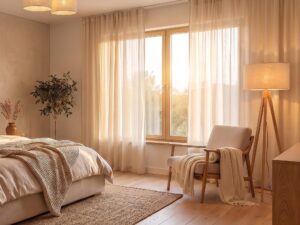Miniaturka 1 - Lampa sufitowa Viga Shade z dwoma beżowymi abażurami w aranżacji pomieszczenia