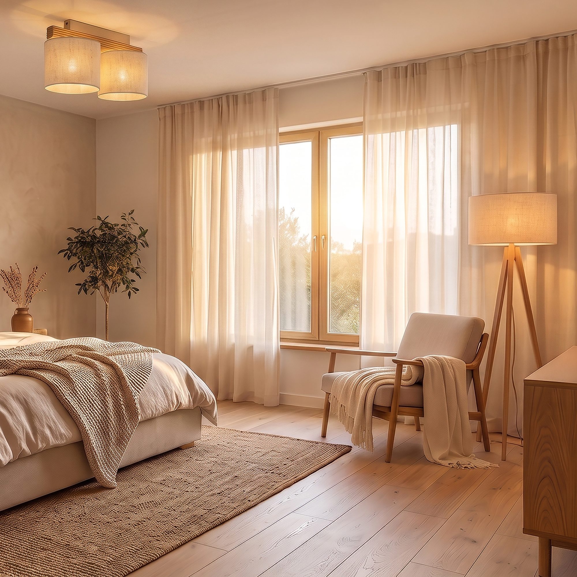 Lampa sufitowa Viga Shade z dwoma beżowymi abażurami w aranżacji pomieszczenia