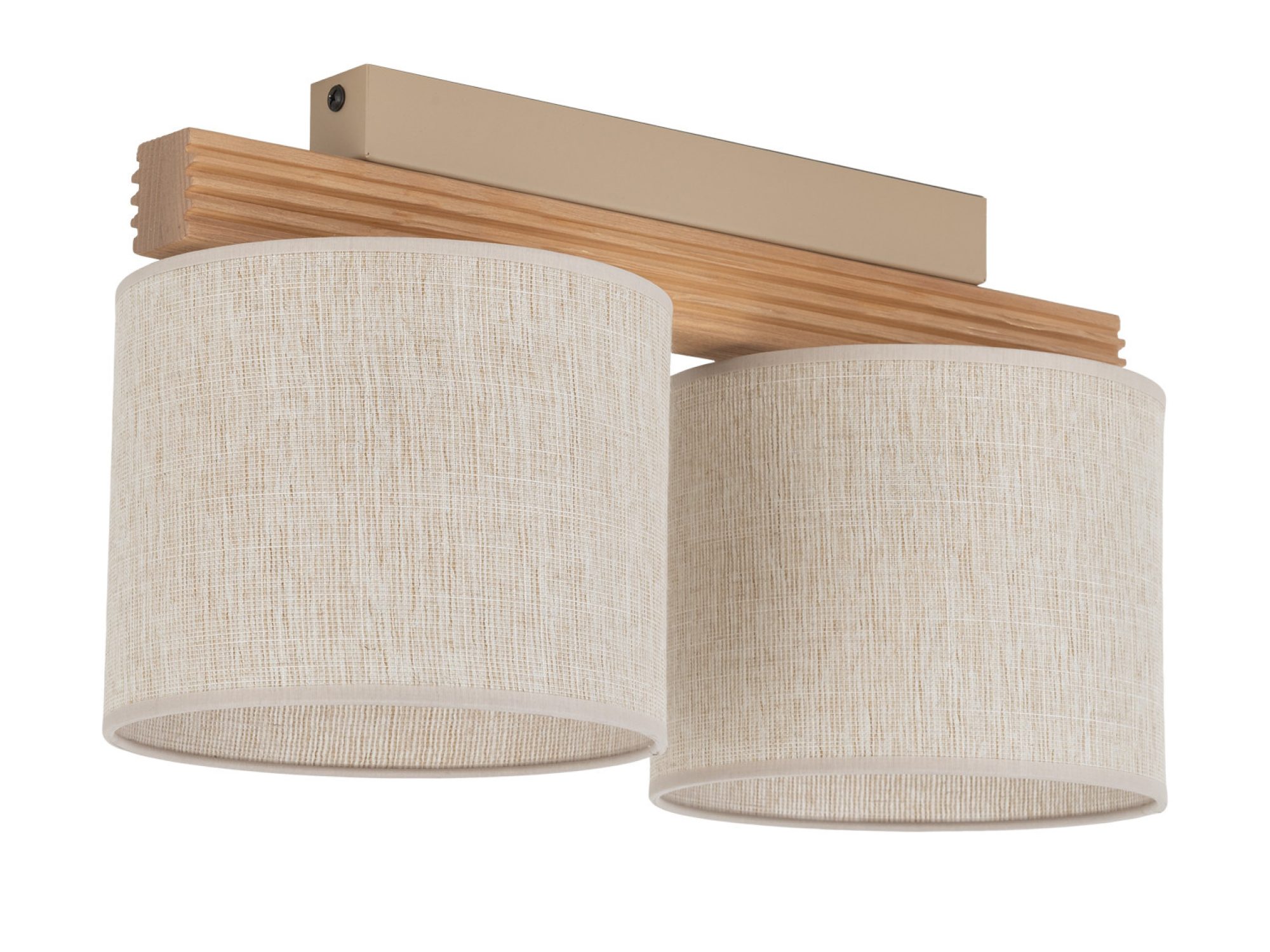 Lampa sufitowa Viga Shade 2-punktowa z beżowymi abażurami i drewnianą konstrukcją