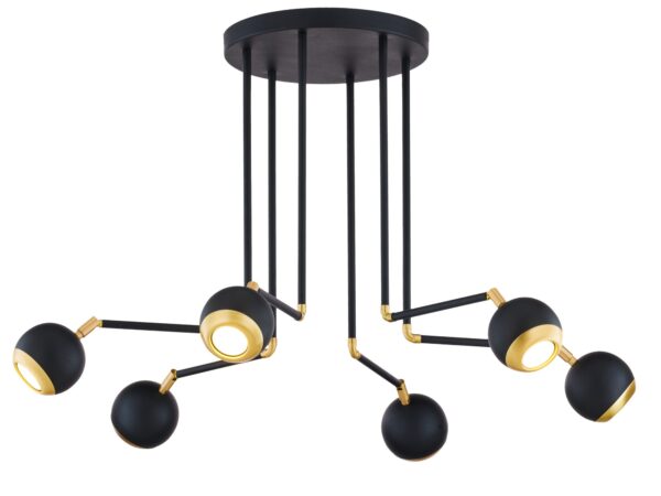 Lampa sufitowa Vilar z sześcioma czarno-złotymi kulistymi reflektorami i rozgałęzionymi ramionami