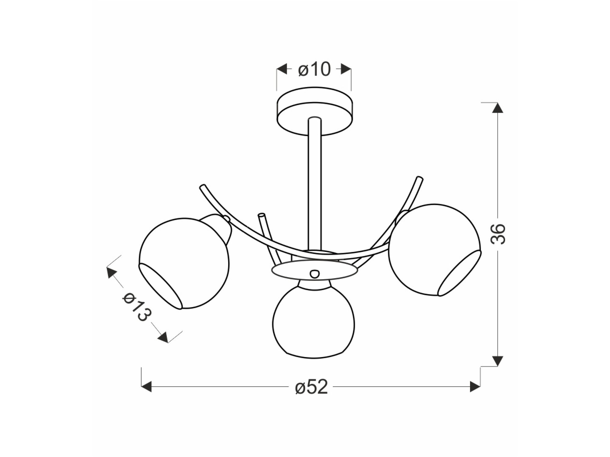 Lampa sufitowa Volara trzy klosze, rysunek wymiarowy 52 na 36 cm