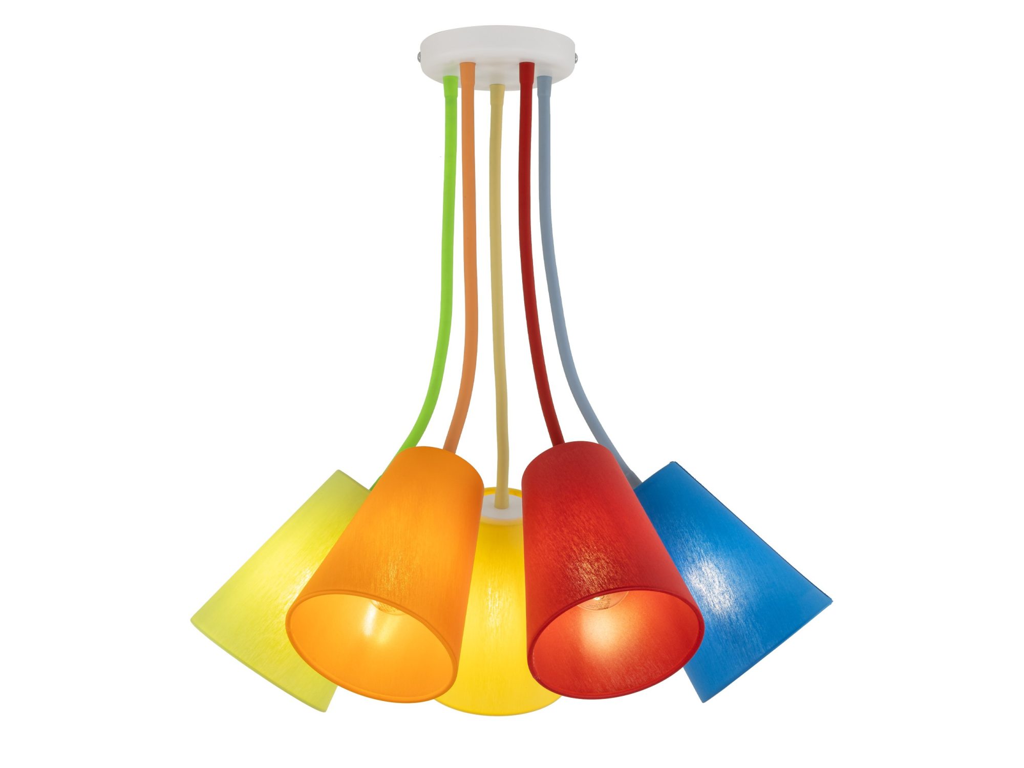 Lampa sufitowa Wire Colour z pięcioma abażurami w kolorach żółtym, czerwonym, zielonym, niebieskim i pomarańczowym