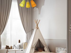 Miniaturka 1 - Kolorowa lampa sufitowa Wire z trzema abażurami w aranżacji pokoju